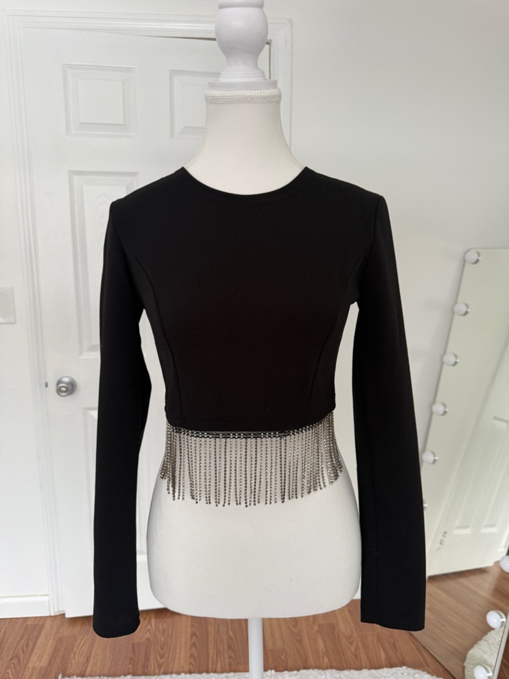 Black Long Sleeve Crop Top with Rhinestone Fringe – Party/Going Out Size S